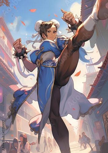 Anime illustration of dynamic female character, traditional Chinese attire, kicking, urban scene, spiked bracelet, autumn.