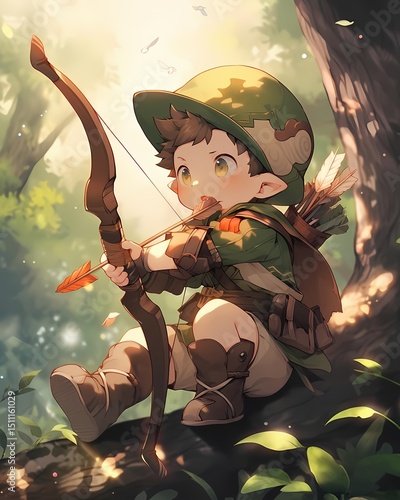 Young fantasy boy with pointed ears focusing on archery in forest setting