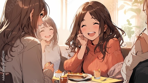 Anime illustration four young women enjoying meal cozy indoor setting joyful smile warm atmosphere.