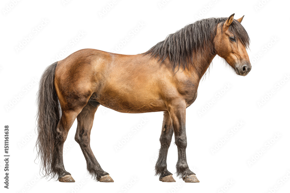 Obraz premium PNG Strong bay horse with dark mane standing on white background