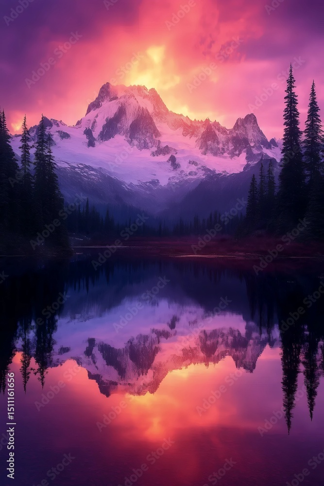 Fototapeta premium Mountain Serenity: Majestic mountains reflect in serene waters, embraced by the soft hues of sunset. Witness the grandeur of nature in perfect harmony.
