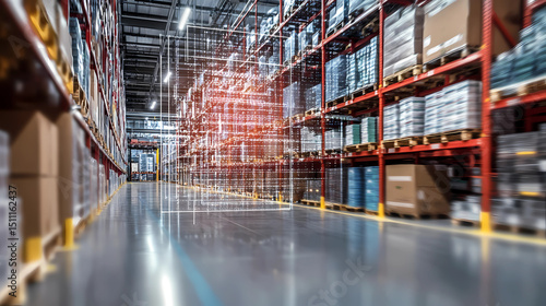 A holographic projection of a supply chain network diagram in a logistics center, business, dynamic and dramatic compositions, with copy space Generative AI	
