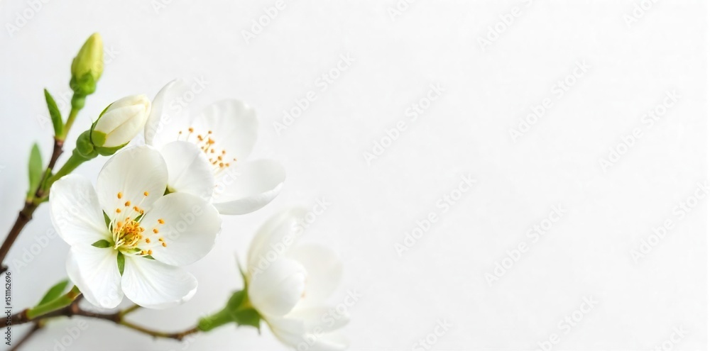 Obraz premium Delicate white blossoms on a pure white background, symbolizing springtime freshness and new beginnings Perfect for spring themes, Easter, wedding invitations, and more , spring, invitation, easter
