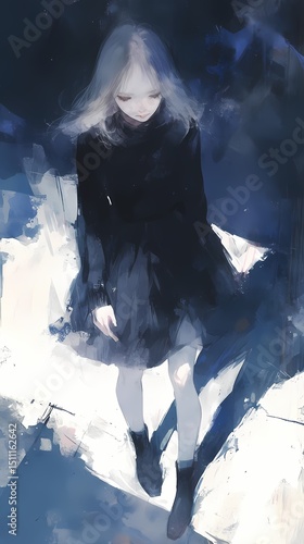 Anime young woman blonde hair black dress illuminated by light dark background.