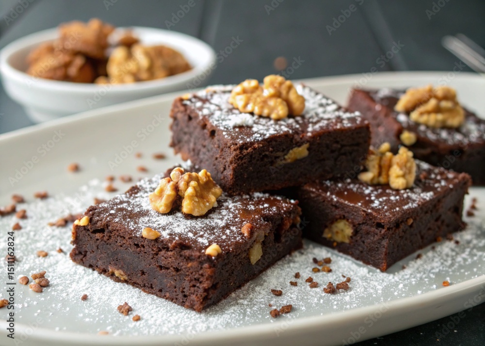 Delicious walnut brownies with powdered sugar on a white plate for dessert Delicious walnut brownies with powdered sugar on a white plate for dessert