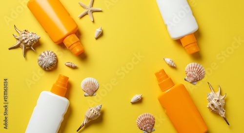 Wallpaper Mural Sunscreen Bottles and Seashells on Bright Yellow Surface Beauty Care Summer Vacation Beach Trip Skincare Cosmetics Sun Protection Holiday Essentials still life Photography Torontodigital.ca
