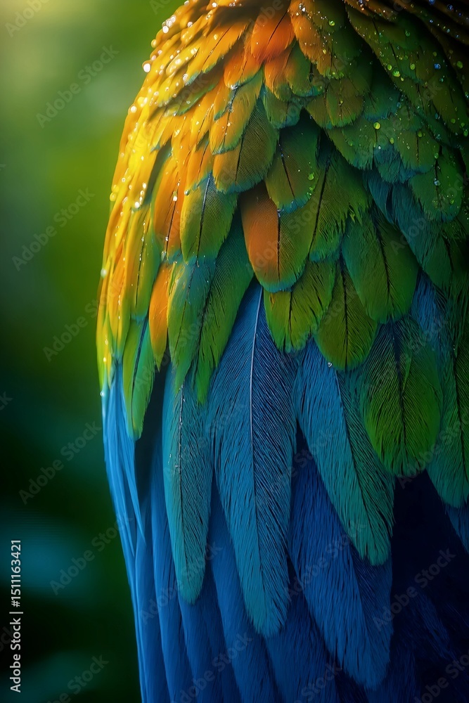 Obraz premium Macaw's Colorful Embrace: A detailed macro photograph reveals the stunning close-up of a macaw's vibrant plumage, showcasing the intricate textures and radiant hues of nature's artistry.