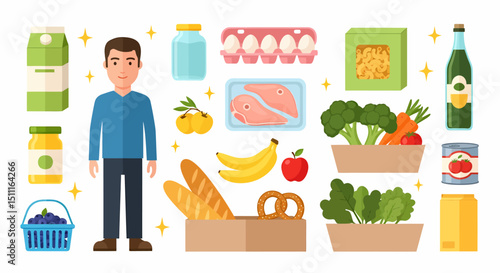 Man Shopping Fresh Food in Grocery Store Illustration