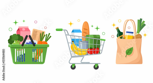 Fresh groceries in basket cart and bag illustration vector