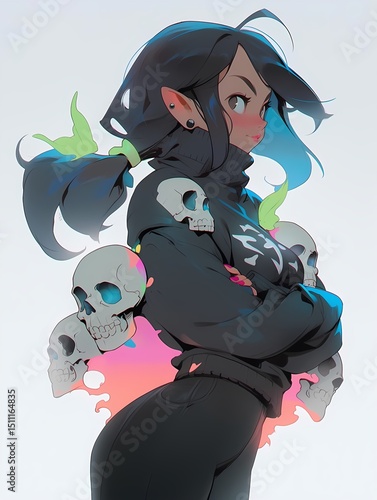 Anime girl, pointed ears, skull patterned sweater, floating skulls, white background, anime illustration