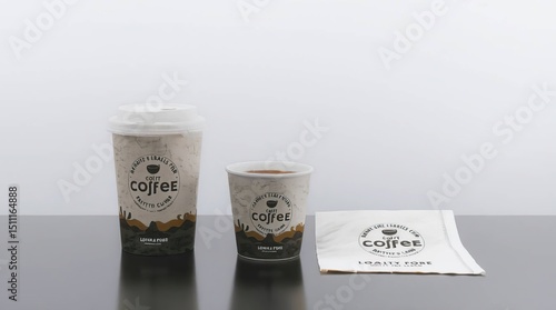 Two disposable coffee cups and a napkin, ready for takeaway