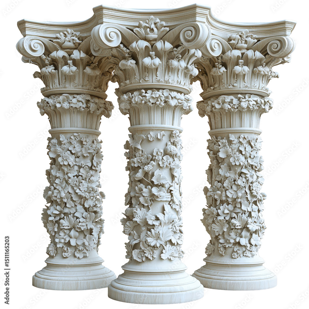 Naklejka premium Elegant Corinthian Columns with Floral Adornments Against a Transparent Backdrop