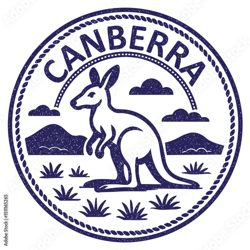 Canberra, Australia stamp with kangaroo illustration, vintage travel stamp on transparent background, vector blue