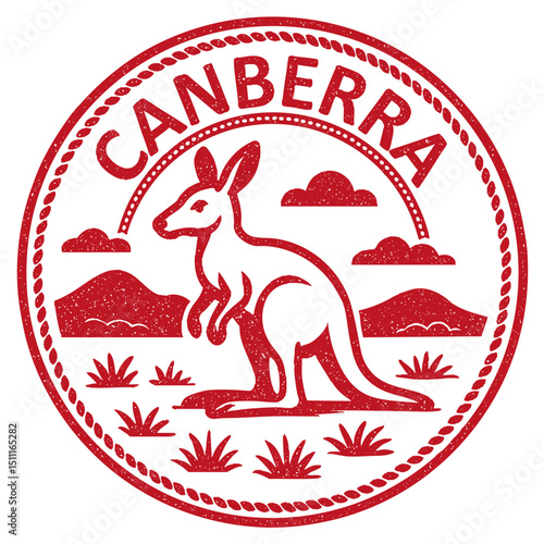 Canberra, Australia stamp with kangaroo illustration, vintage travel stamp on transparent background, vector red