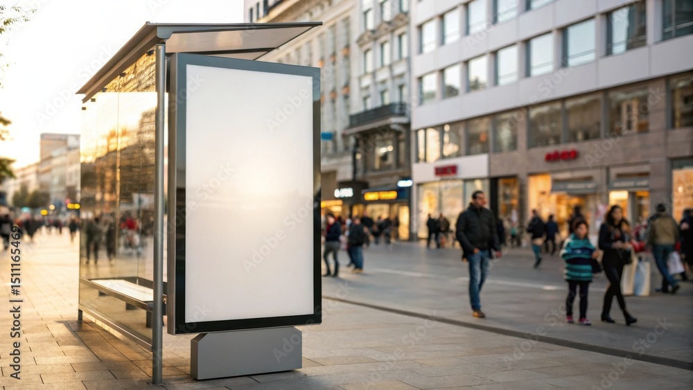 Fototapeta premium Empty illuminated billboard at a modern bus shelter on a busy pedestrian street, with golden sunlight and people shopping nearby.