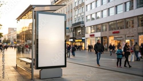 Empty illuminated billboard at a modern bus shelter on a busy pedestrian street, with golden sunlight and people shopping nearby.