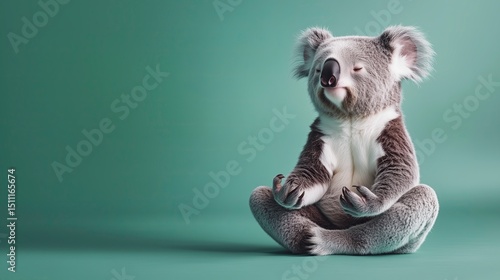 Koala sitting in a meditative pose on a green background  