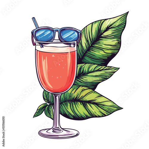 Vibrant Summer Leaves, Cocktail and Sunglasses with Mocktail on Tropical Beach - Tropical Summer Concept for Travel Design