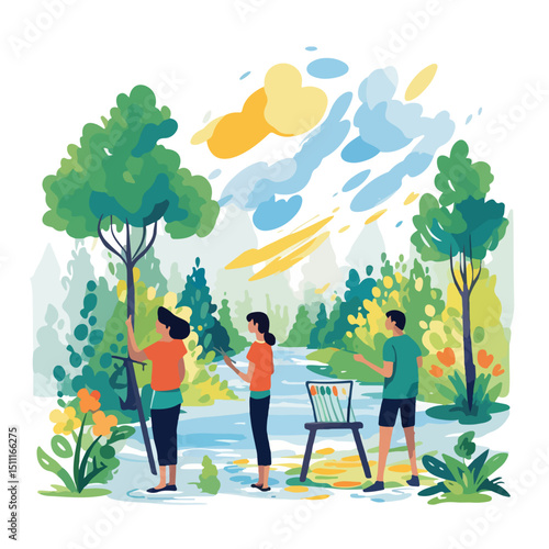 Group of Teenagers Enjoying Painting Together with Brushes and Colorful Paint Tubes