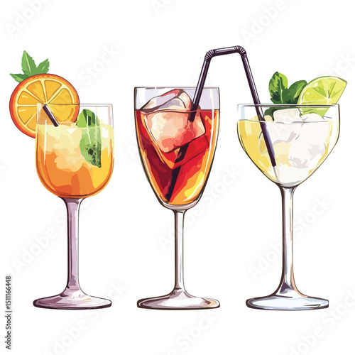 Exquisite Collection of Traditional Cocktail Drinks Styled Over White Background for Professional Designs