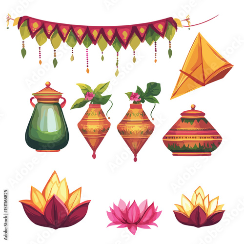Traditional Ugadi Indian Celebration Emblems with Lotus Jars and Kitchen Ingredients