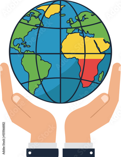 Wallpaper Mural Hands holding colorful earth globe with continents in blue green yellow red vector illustration  Torontodigital.ca