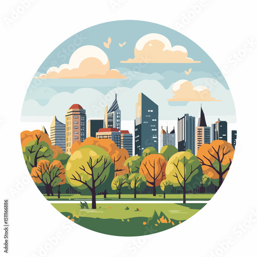 Downtown Cityscape with Urban Buildings and Park Scenery for Real Estate Marketing