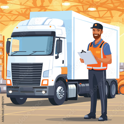 Professional Warehouse Worker Checking Inventory with Clipboard near Cargo Truck