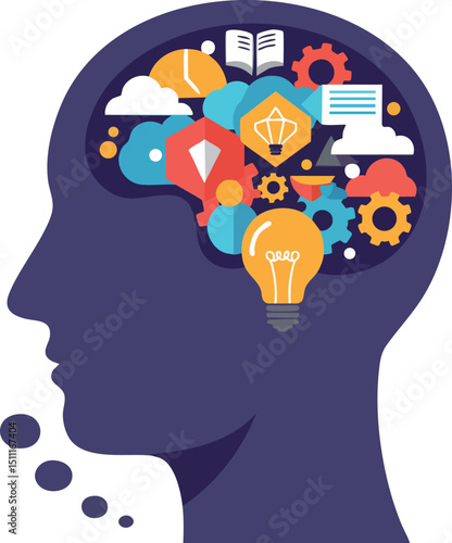 Human head silhouette with colorful creative ideas and innovation icons inside brain vector illustration 