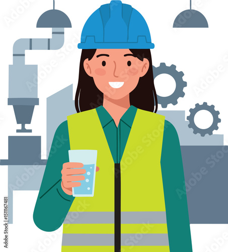 Female industrial engineer wearing safety vest and hard hat holding glass of water vector illustration 
