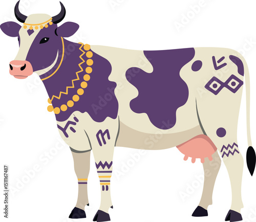 Cow with purple markings and tribal decorations vector illustration design 