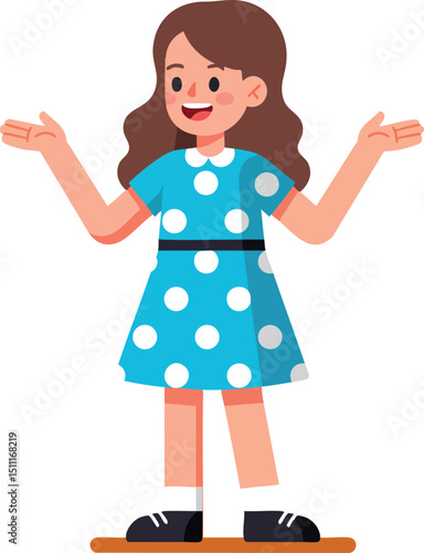 Little girl in blue polka dot dress smiling with open arms vector illustration 