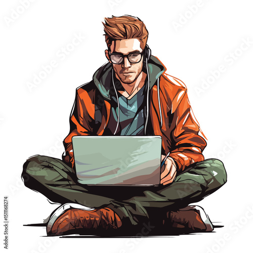 Professional Young Man Working on Laptop Vector Illustration for Business Presentations