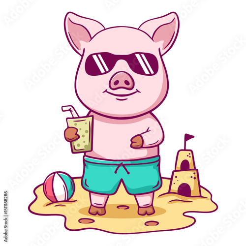 Wallpaper Mural Cartoon pig standing on the beach holding a drink Torontodigital.ca