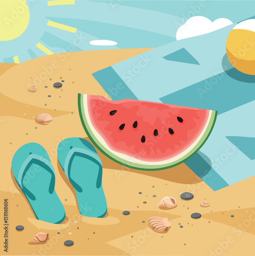 Watermelon slice with blue sandals and beach towel on sunny sandy beach vector illustration 