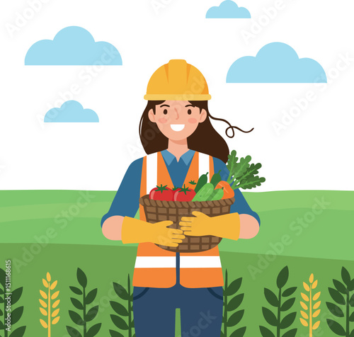 Female Farmer Holding Basket of Fresh Vegetables in Field Wearing Safety Gear and Helmet 