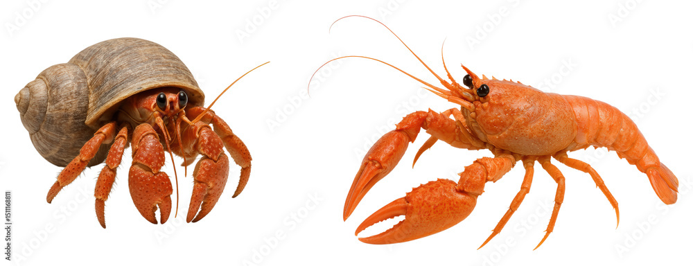 Fototapeta premium A Hermit Crab and a Crawfish, Highlighting Unique Features and Characteristics, Isolated on Transparent and White Background
