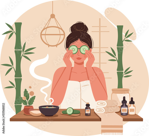 Woman enjoying spa facial treatment with cucumber slices and bamboo decoration vector illustration 