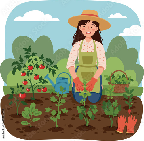 Woman gardening planting vegetables in garden with tomato plants and watering can vector illustration 