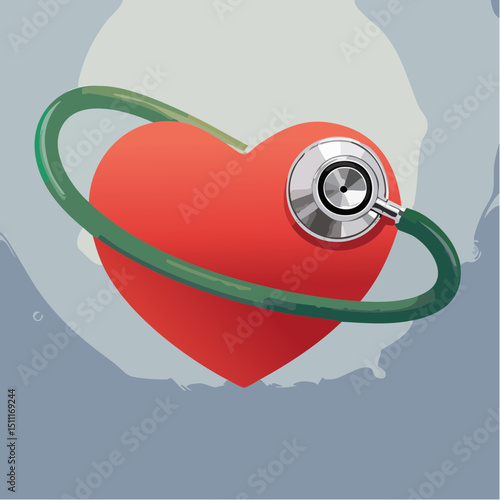 A vector of a stethoscope wrapped around a red heart on a blue background, symbolizing health, care, and wellness. photo