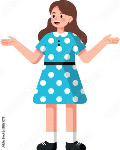 Girl wearing blue polka dot dress smiling with arms open vector illustration 
