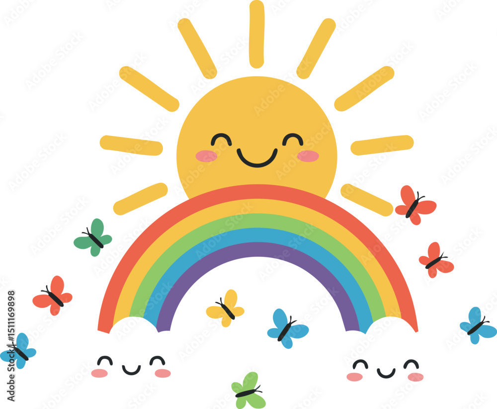 Fototapeta premium Smiling sun shining above colorful rainbow with happy clouds and butterflies vector illustration 