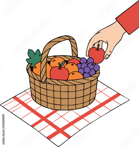 Basket of mixed fruits with hand picking apple on checkered cloth illustration vector 