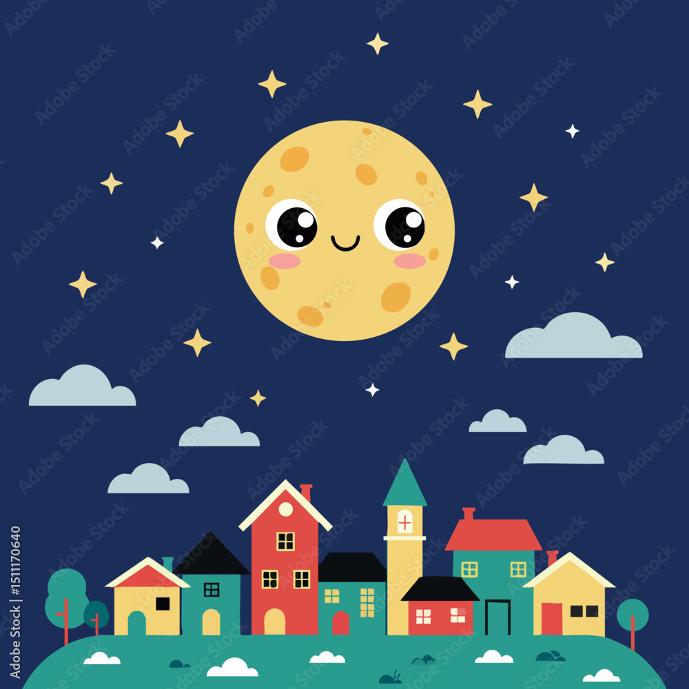 Fototapeta premium Cute smiling moon over colorful small town night sky vector illustration 