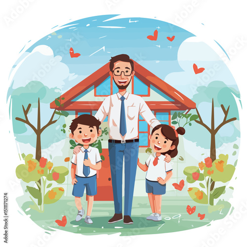 Professional Teachers Day Card with Teacher and Happy Students - Educational Celebration Concept
