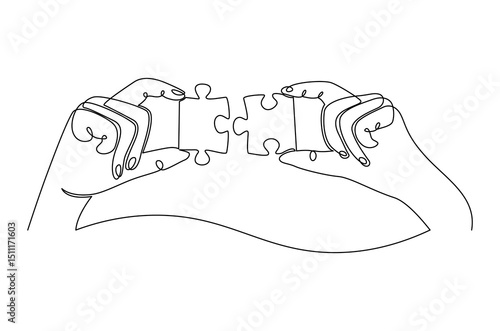 Continuous one line drawing of Hand holding jigsaw puzze piece. Single line drawing illustration of Puzzle pieces in hands. Idea of solution and success concept vector art. Doodle line illustration.