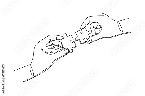 Continuous one line drawing of Hand holding jigsaw puzze piece. Single line drawing illustration of Puzzle pieces in hands. Idea of solution and success concept vector art. Doodle line illustration.