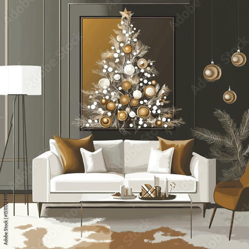 Elegant Living Room with Gold and White Christmas Decor, Elegant Christmas Living Room 