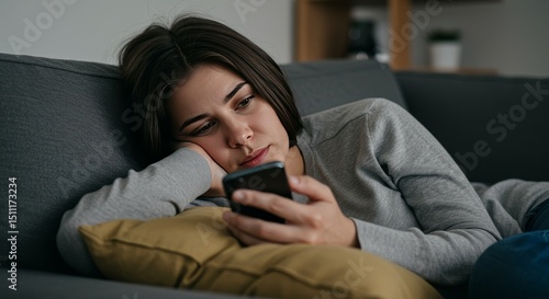 Photo of Brunette Woman Lying on Sofa Using Mobile Phone Indoors