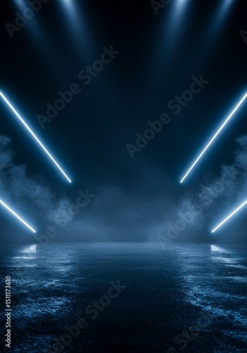 Abstract Background With Blue Neon Lights And Smoke In Dark Space